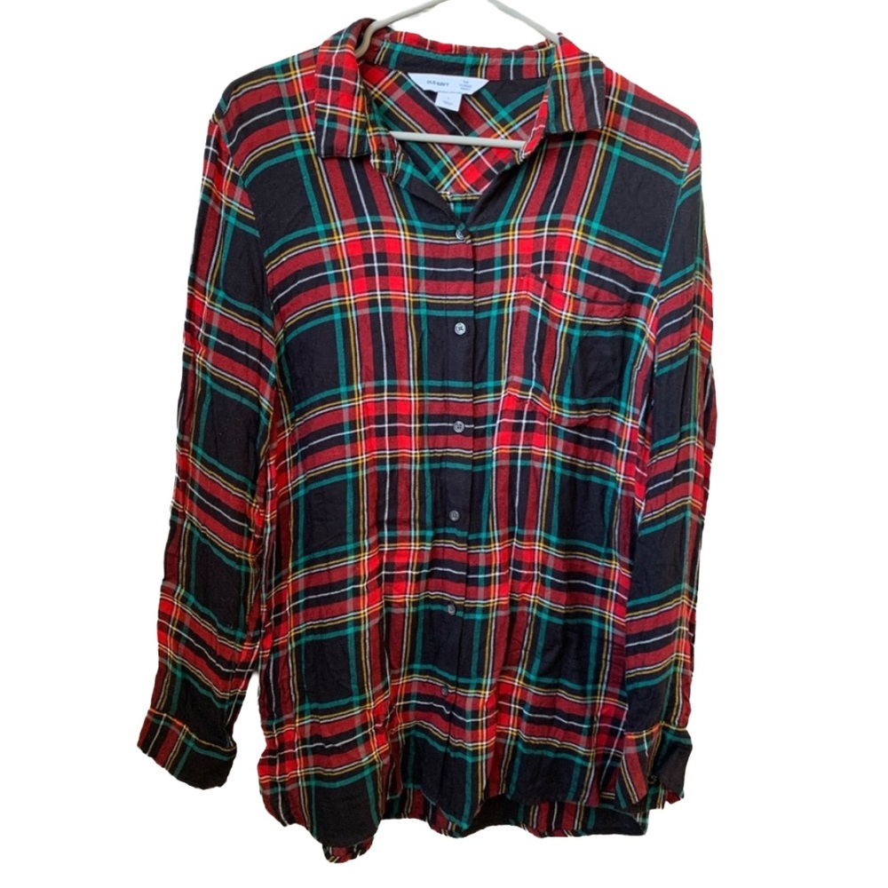 OLD NAVY Women’s Black Red Flannel Plaid Long Sleeve Viscose Button Down Shirt